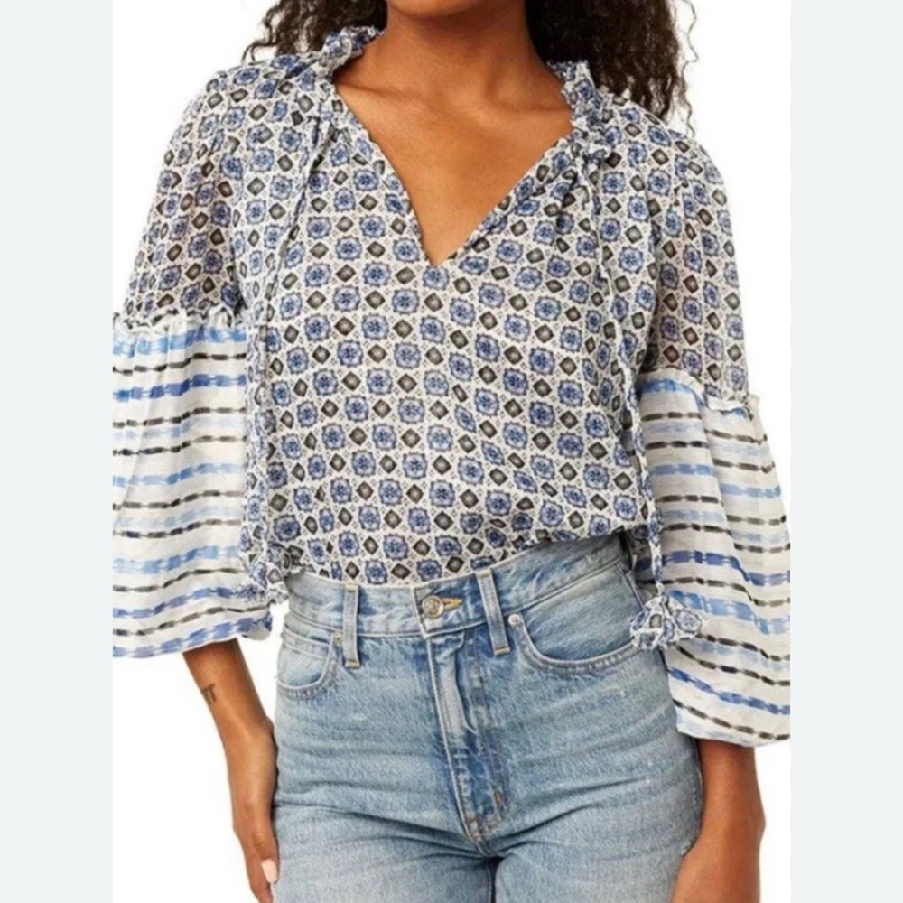 Misa Los Angeles Blue and White Patterned Blouse